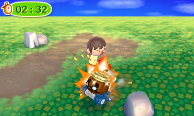 Smacking the machine in a hammer tour in Animal Crossing: New Leaf (ACNL) for Nintendo 3DS.