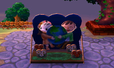 Lolly and Jeff use the cutout standee for Nature Day (Earth Day) in Animal Crossing: New Leaf (ACNL) for Nintendo 3DS.