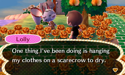 Lolly: One thing I've been doing is hanging my clothes on a scarecrow to dry.