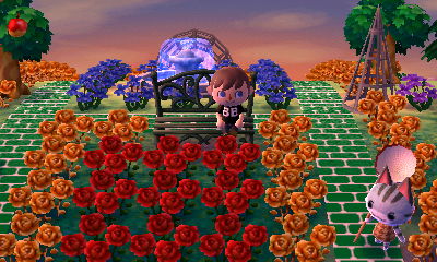 Relaxing on the metal bench in Forest, as Lolly walks by with a net.