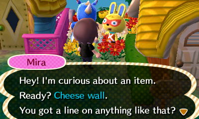 Mira: Hey! I'm curious about an item. Ready? Cheese wall. You got a line on anything like that?