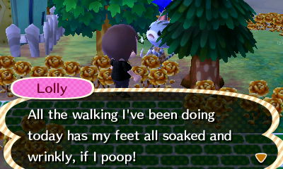 Lolly: All the walking I've been doing today has my feet all soaked and wrinkly, if I poop!