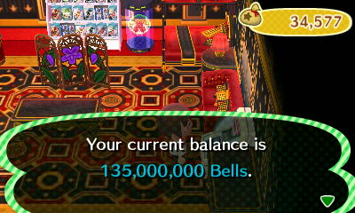 Your current balance is 135,000,000 bells.