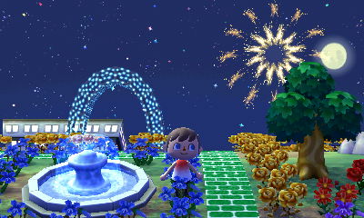 Fireworks appear in the sky over Forest in Animal Crossing: New Leaf.