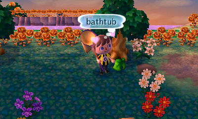 Standing by a bathtub that fell out of a tree.