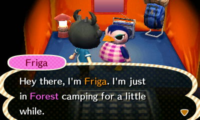 Friga, at the campsite: Hey there, I'm Friga. I'm just in Forest camping for a little while.