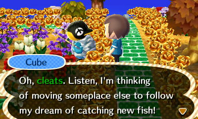 Cube: Oh, cleats. Listen, I'm thinking of moving someplace else to follow my dream of catching new fish!