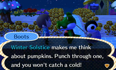 Boots: Winter Solstice makes me think about pumpkins. Punch through one, and you won't catch a cold!