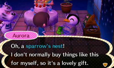 Aurora: Oh, a sparrow's nest! I don't normally buy things like this for myself, so it's a lovely gift.