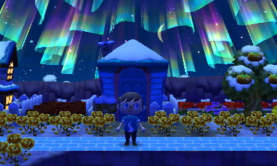 The northern lights shine in the sky above Lolly's house in Animal Crossing: New Leaf.