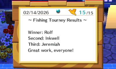 ~Fishing Tourney Results~ Winner: Rolf. Second: Inkwell. Third: Jeremiah. Great work, everyone!