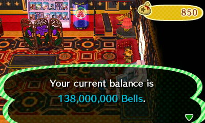 Your current balance is 138,000,000 bells.