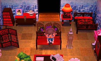 The skyscraper wall and music-room floor that Saharah installed in my Animal Crossing: New Leaf house.