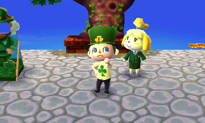 Wearing my shamrock hat and club tee in Animal Crossing: New Leaf.