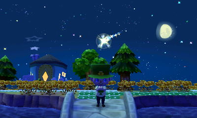 Wishing on a shooting star while standing on a bridge in Animal Crossing: New Leaf for Nintendo 3DS.