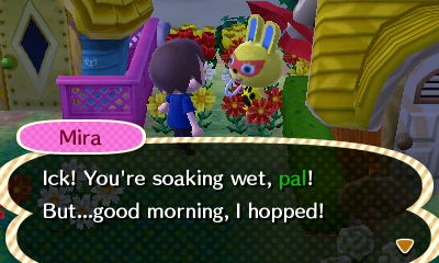 Mira: Ick! You're soaking wet, pal! But...good morning, I hopped!