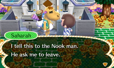 Saharah: I tell this to the Nook man. He ask me to leave.