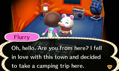 Flurry, at the campsite: Oh, hello. Are you from here? I fell in love with this town and decided to take a camping trip here.