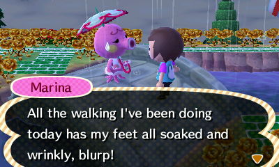 Marina: All the walking I've been doing today has my feet all soaked and wrinkly, blurp!