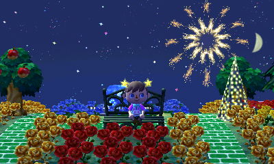 Enjoying the fireworks show near the illuminated tree.