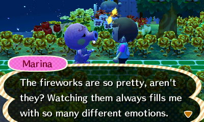 Marina: The fireworks are so pretty, aren't they? Watching them always fills me with so many different emotions.
