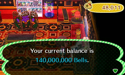 Your current balance is 140,000,000 bells.