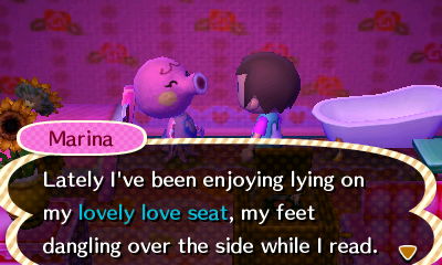 Marina: Lately I've been enjoying lying on my lovely love seat, my feet dangling over the side while I read.