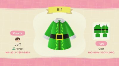 Buddy the Elf jacket design for Animal Crossing: New Horizons (ACNH).