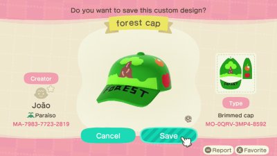 Forest cap hat design for Animal Crossing: New Horizons (ACNH).
