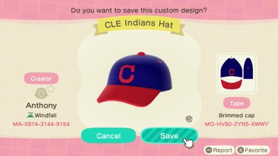Cleveland Indians hat/cap design for Animal Crossing: New Horizons.