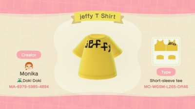 ACNH design code for SML Jeffy T-shirt in Animal Crossing: New Horizons.