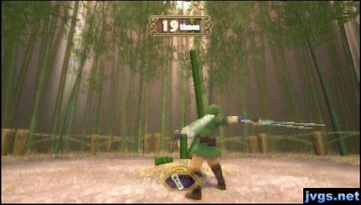 Chopping bamboo in a mini-game.