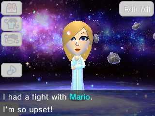 Rosalina: I had a fight with Mario. I'm so upset!!